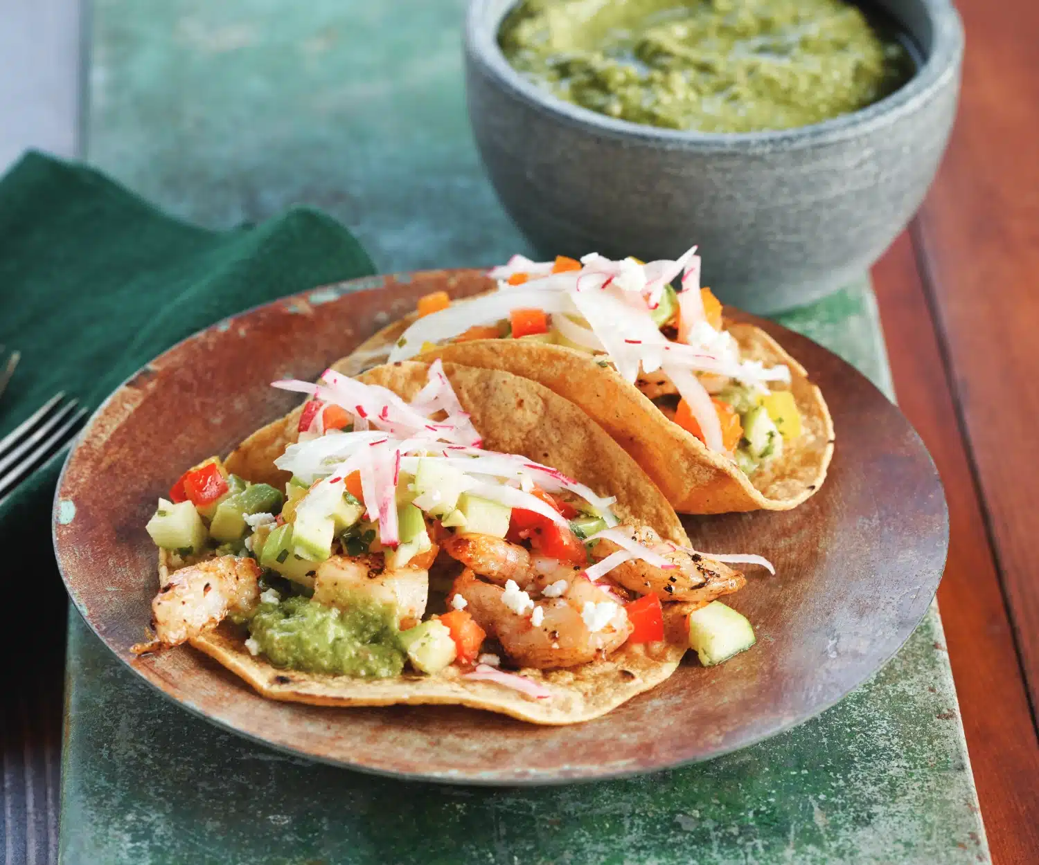 Avocado Green Mole Shrimp Tacos