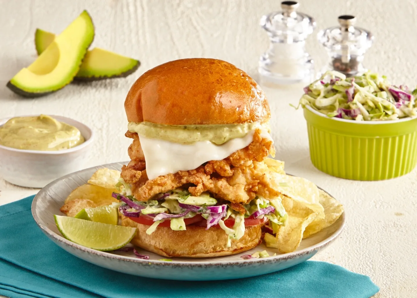 Curry Fried Chicken Sandwiches With Spiced Avo Mango Aioli and Cilantro Lime Avocado Slaw